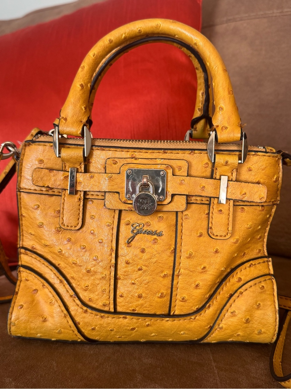 Guess Yellow Faux-Ostrich Crossbody Satchel with Lock Detail
